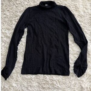 Philippe Matignon Black Geometric Logo Mock Neck Long Sleeve Top S M‎